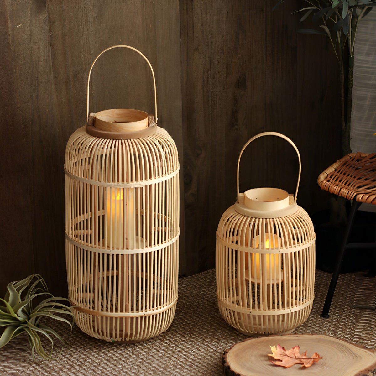 Modern Farmhouse Handmade Bamboo Weaving LED Candle Lantern Floor