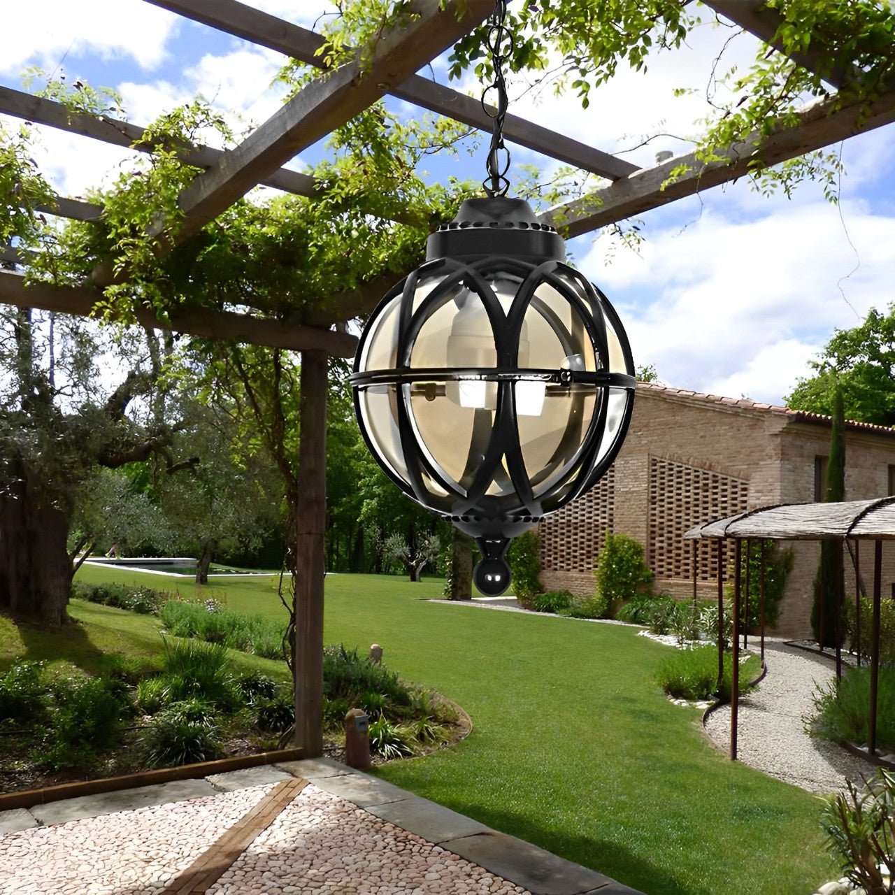 hanging lights for patio umbrella Waterproof Black Globe Ball Outdoor Pendant Lights Ceiling Exterior Hanging Lights For Garden Patio