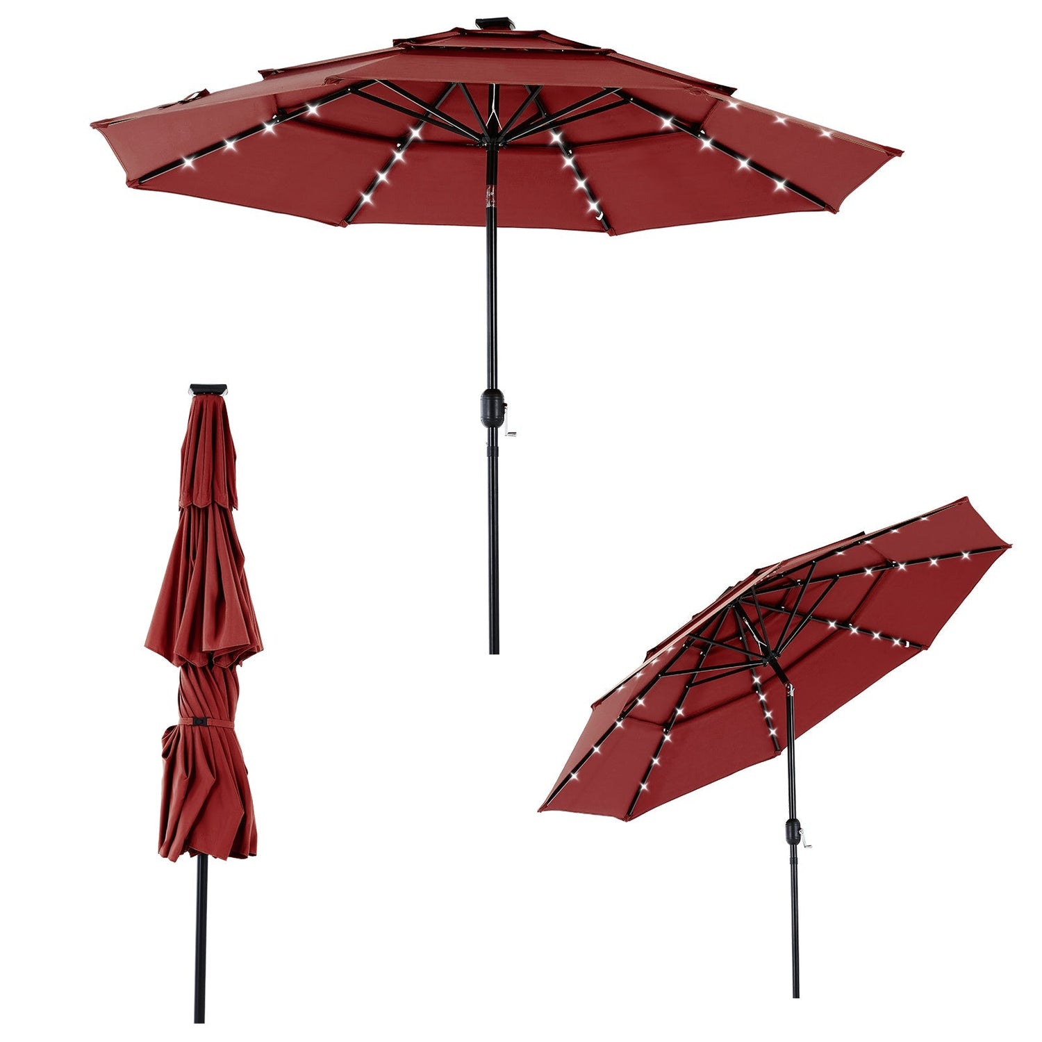 10FT 3 - Tier Solar Patio Outdoor Umbrella with 32 LED Lights - Flyachilles