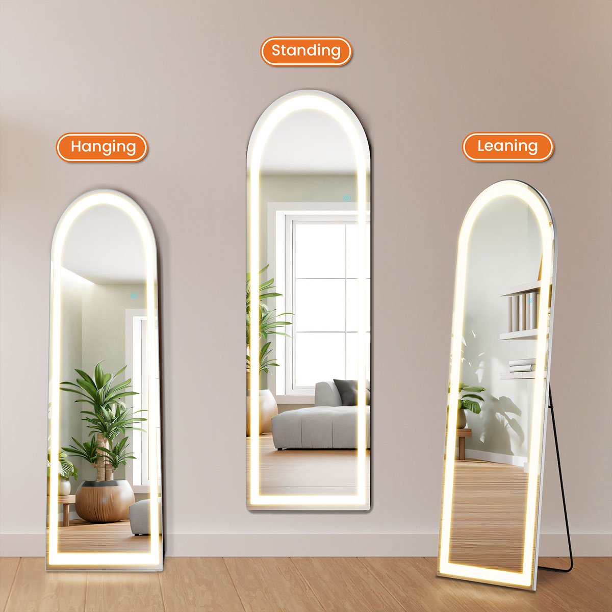 3 Color LED Lights Full Body Floor Mirror with Stand, Wall Mounted Hanging - Flyachilles