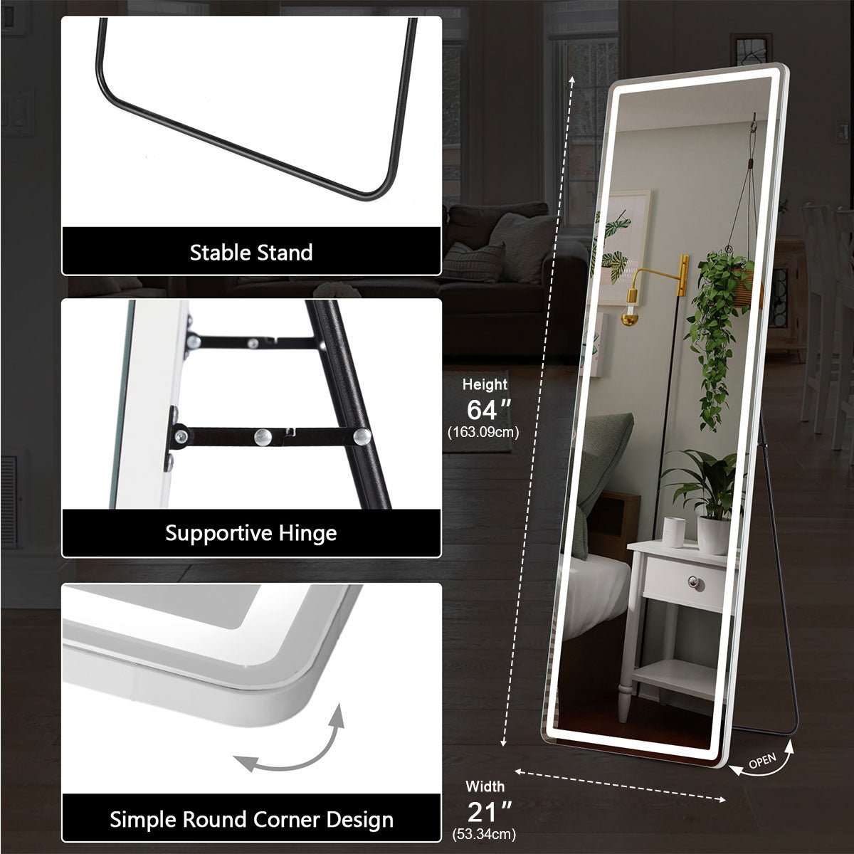 3 Color LED Lights Full Body Floor Mirror with Stand, Wall Mounted Hanging - Flyachilles