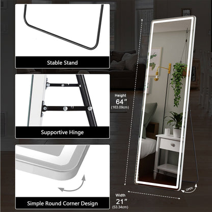 3 Color LED Lights Full Body Floor Mirror with Stand, Wall Mounted Hanging - Flyachilles