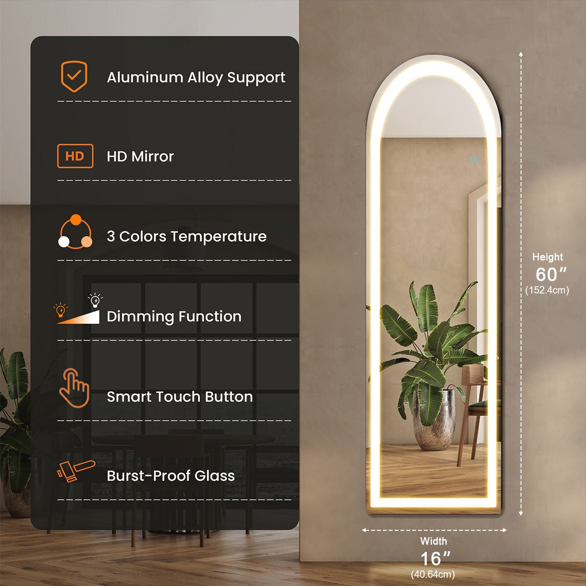 3 Color LED Lights Full Body Floor Mirror with Stand, Wall Mounted Hanging - Flyachilles