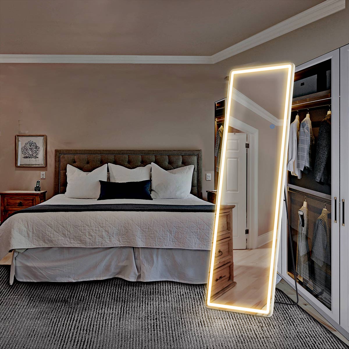 3 Color LED Lights Full Body Floor Mirror with Stand, Wall Mounted Hanging - Flyachilles