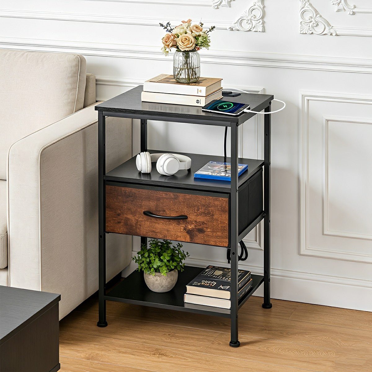 3 - Tier Bedside Table Nightstand with Charging Station - Flyachilles