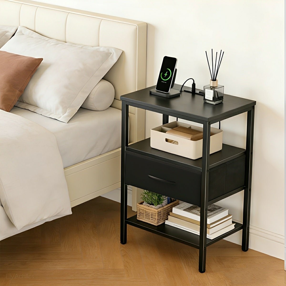 3 - Tier Bedside Table Nightstand with Charging Station - Flyachilles