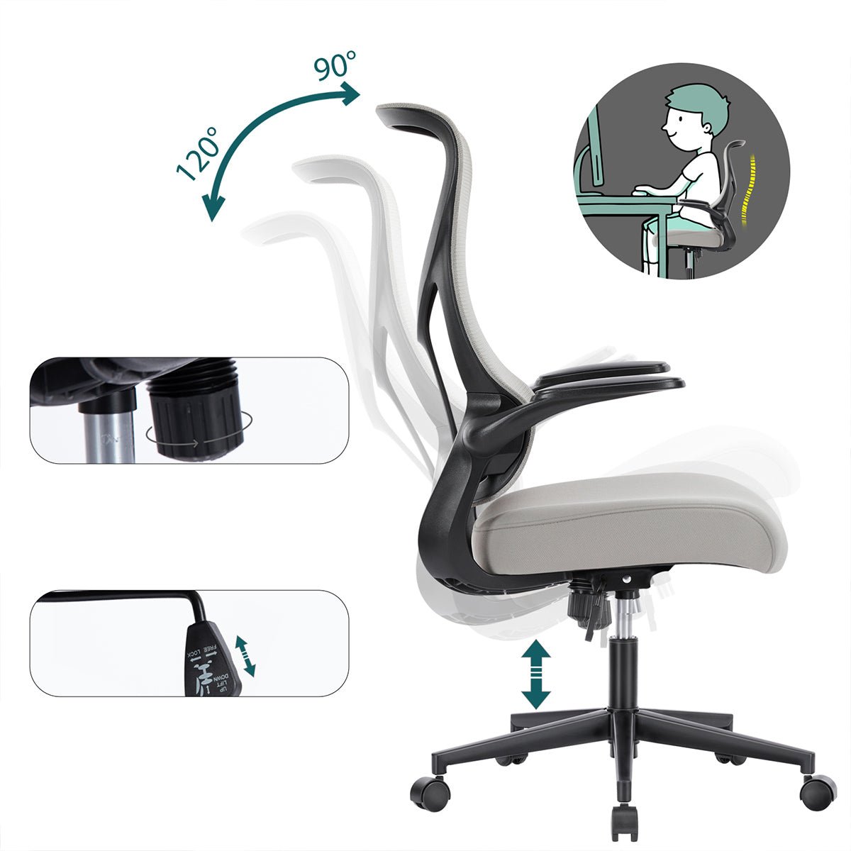 360 ° Rotatable Ergonomic Computer Mesh Office Chair with Armrests Support - Flyachilles