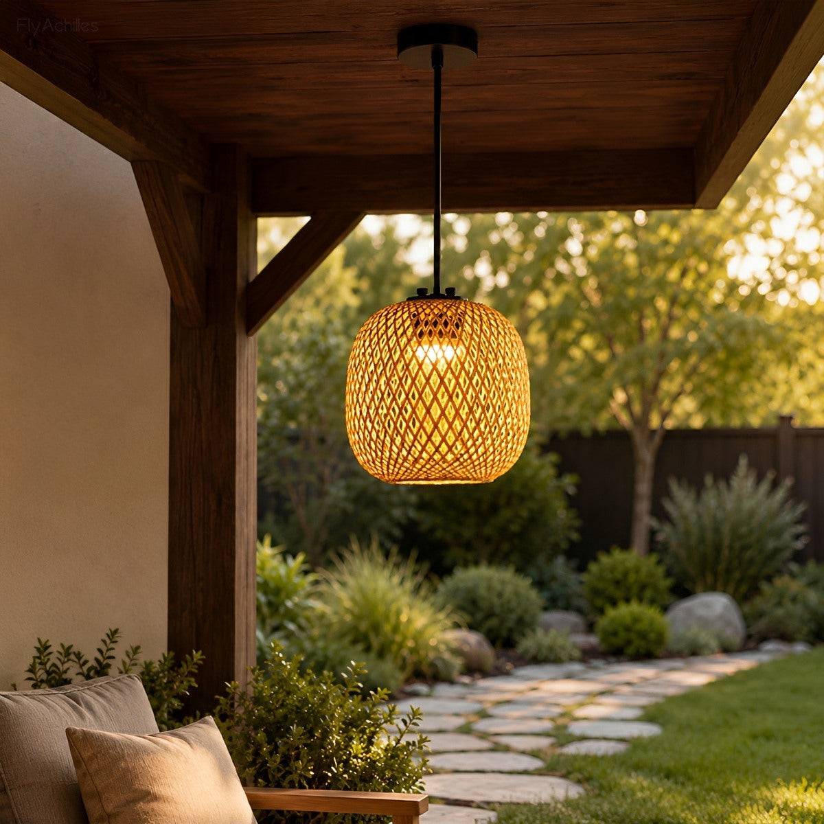 Waterproof Coastal Oval Wood Rattan LED Outdoor Pendant Light