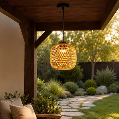 Waterproof Coastal Oval Wood Rattan LED Outdoor Pendant Light