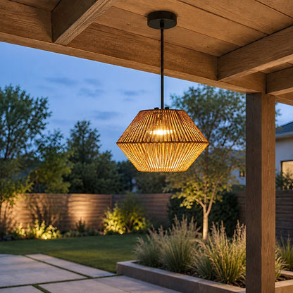 Waterproof Coastal Geometric Rattan LED Outdoor Pendant Light