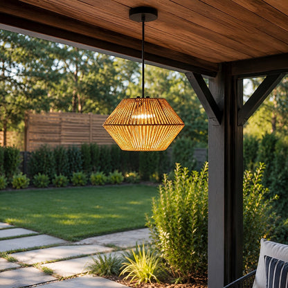 Waterproof Coastal Geometric Rattan LED Outdoor Pendant Light