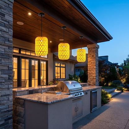 Waterproof Coastal Cylinder Rattan LED Outdoor Pendant Light
