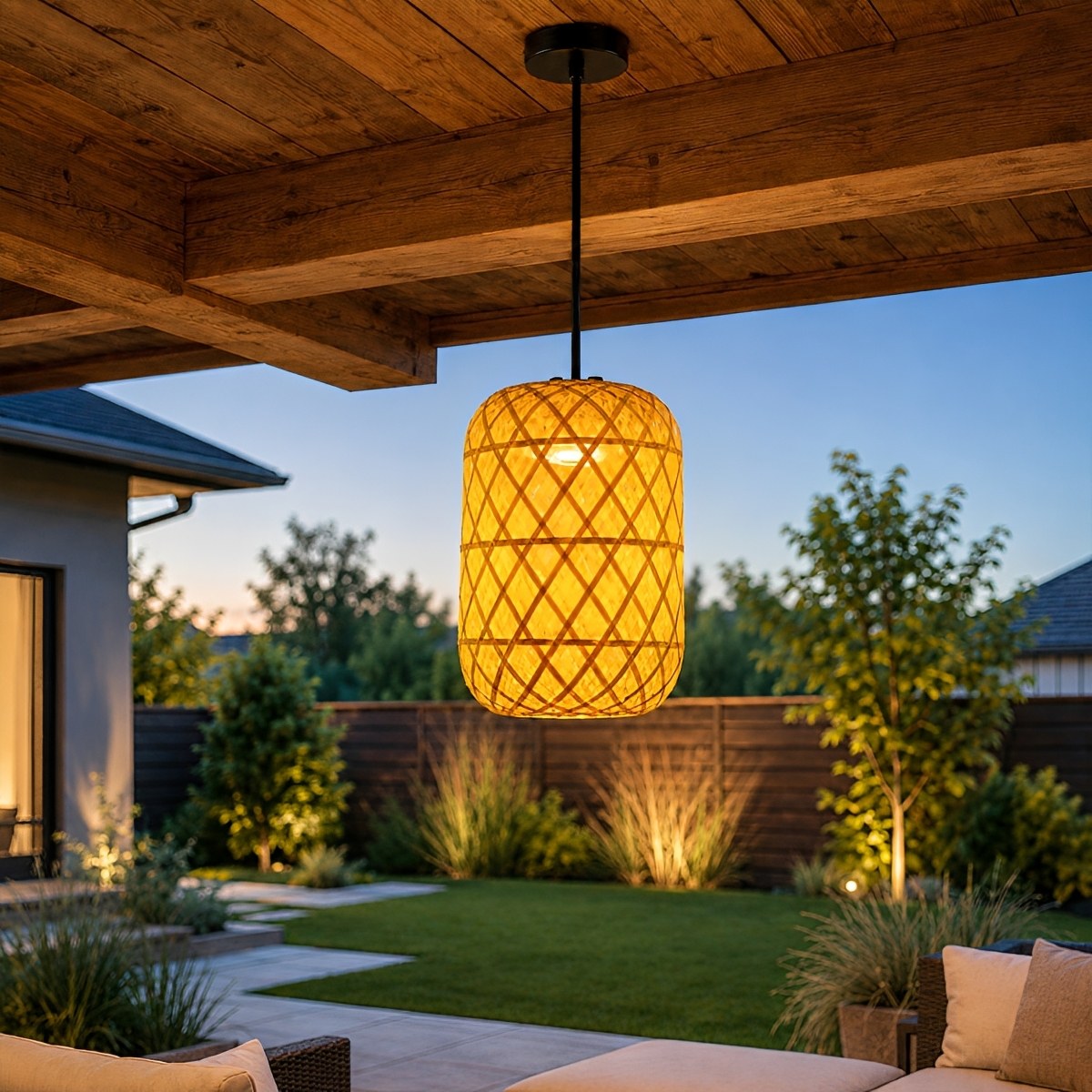 Waterproof Coastal Cylinder Rattan LED Outdoor Pendant Light