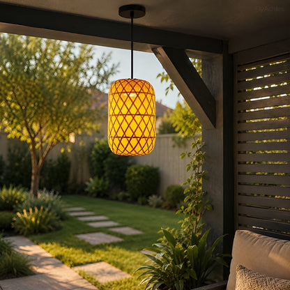 Waterproof Coastal Cylinder Rattan LED Outdoor Pendant Light