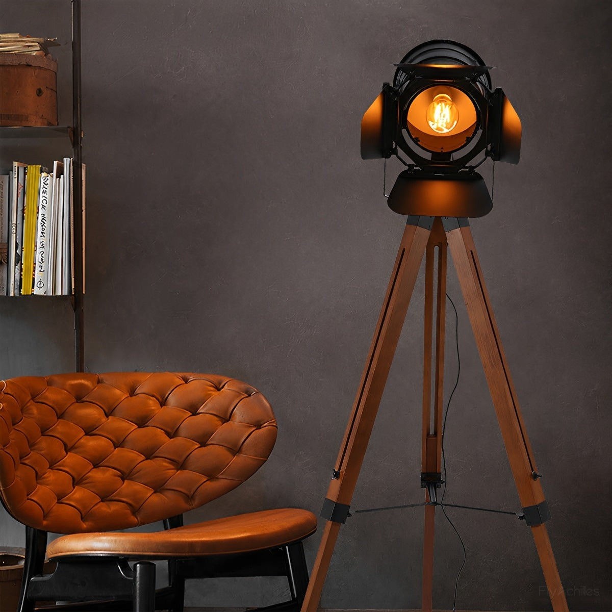 Vintage Industrial Tripod Wood LED Floor Lamp