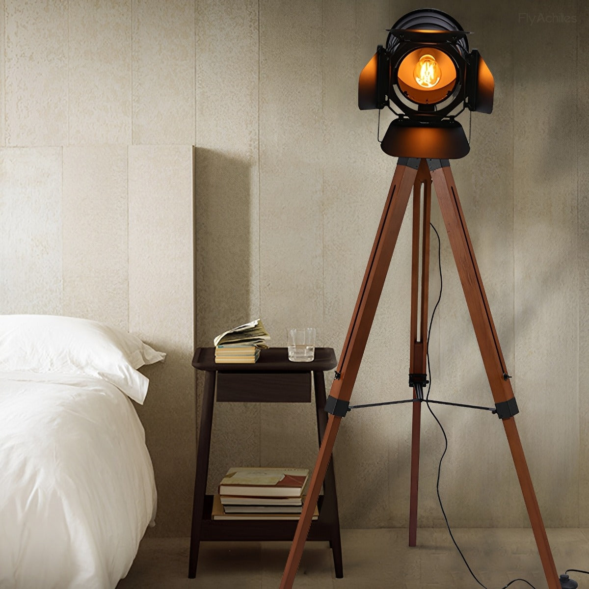 Vintage Industrial Tripod Wood LED Floor Lamp