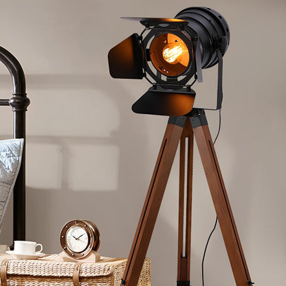 Vintage Industrial Tripod Wood LED Floor Lamp