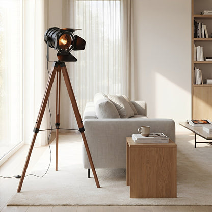 Vintage Industrial Tripod Wood LED Floor Lamp