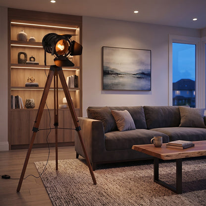 Vintage Industrial Tripod Wood LED Floor Lamp