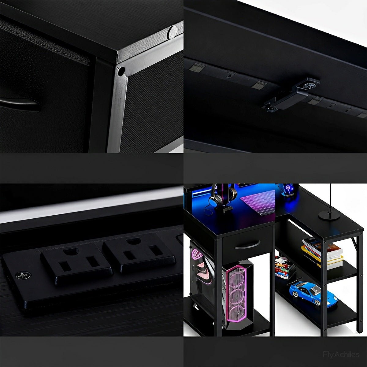 53" L-Shaped Gaming Desk with LED &amp; Power Outlet - Flyachilles