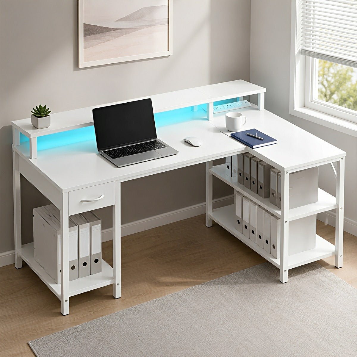 53" L-Shaped Gaming Desk with LED &amp; Power Outlet - Flyachilles
