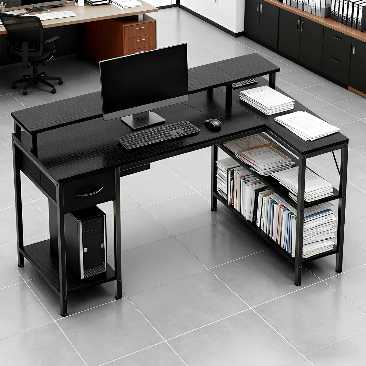 53" L-Shaped Gaming Desk with LED &amp; Power Outlet - Flyachilles