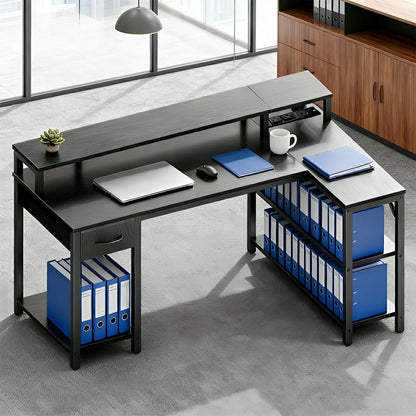 53" L-Shaped Gaming Desk with LED &amp; Power Outlet - Flyachilles