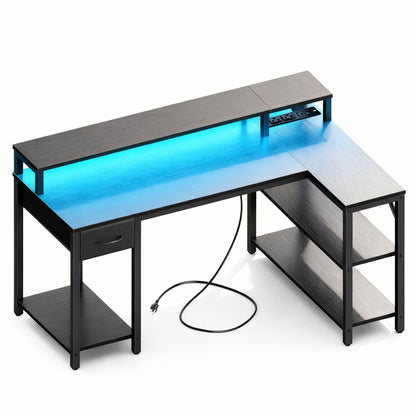 53" L-Shaped Gaming Desk with LED &amp; Power Outlet - Flyachilles