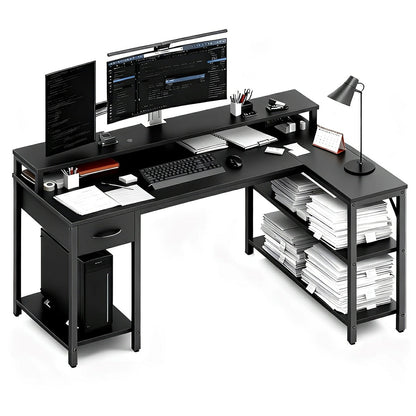53" L-Shaped Gaming Desk with LED &amp; Power Outlet - Flyachilles