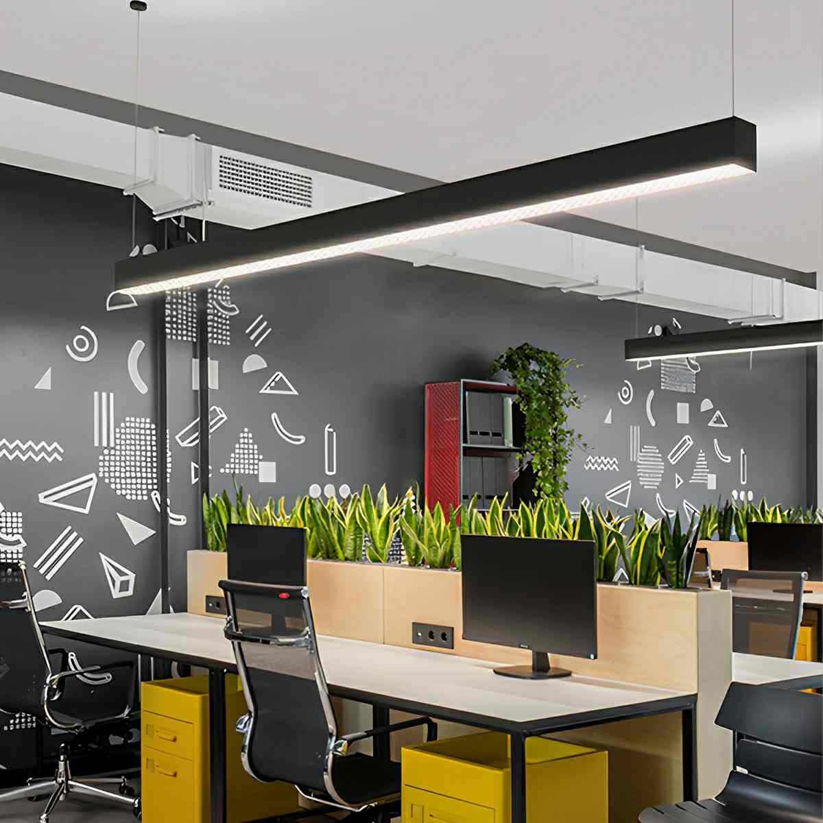 Black Modern Minimalist Linear LED Long Strip Office Ceiling Pendant Lights - Flyachilles