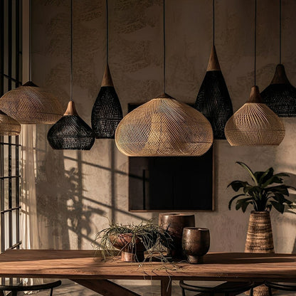 Bowl - shaped Handmade Rattan Pendant Light – Boho Woven Hanging Lamp - Flyachilles