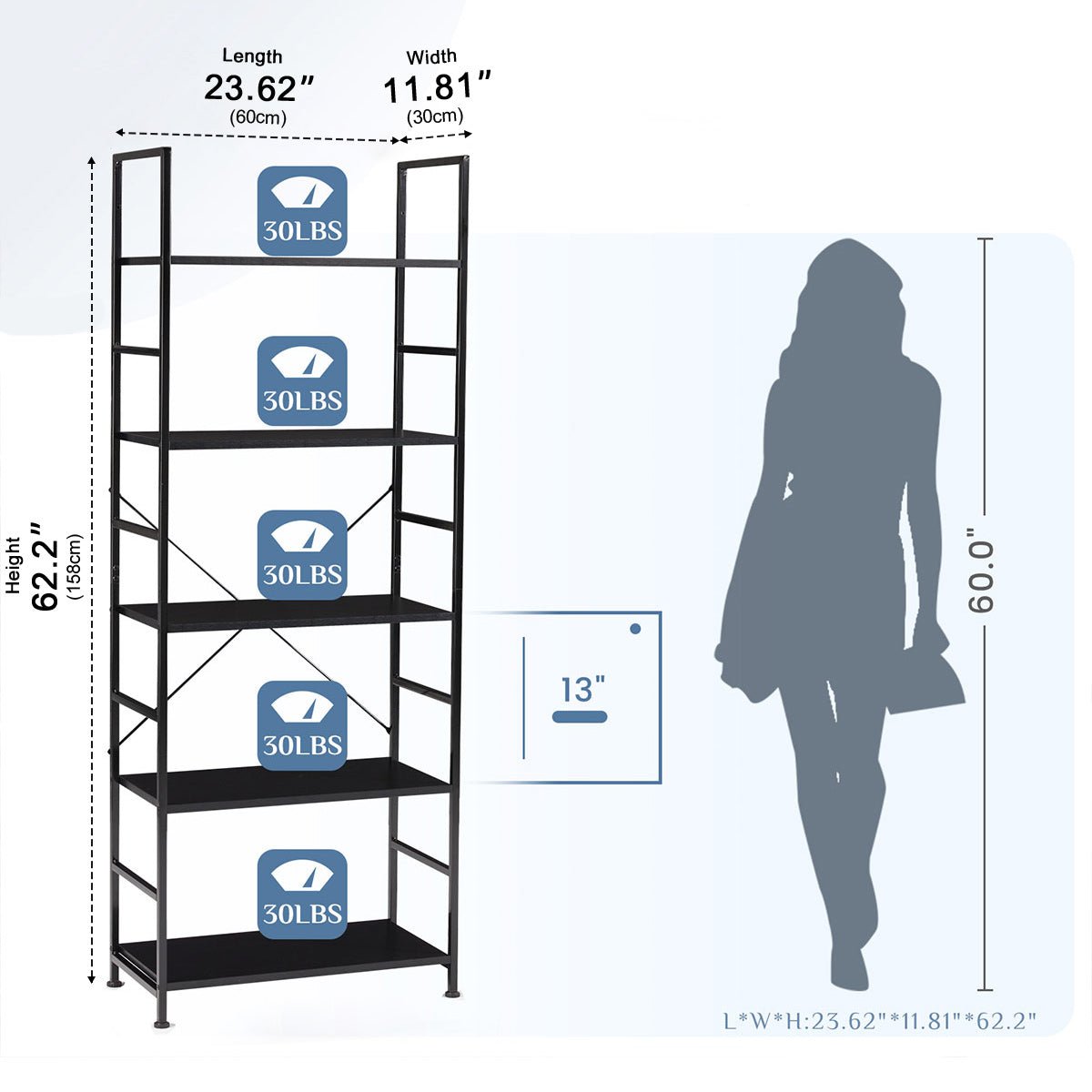 Classic 5 Tiers Bookshelf Storage Rack Shelves Storage Organizer - Flyachilles