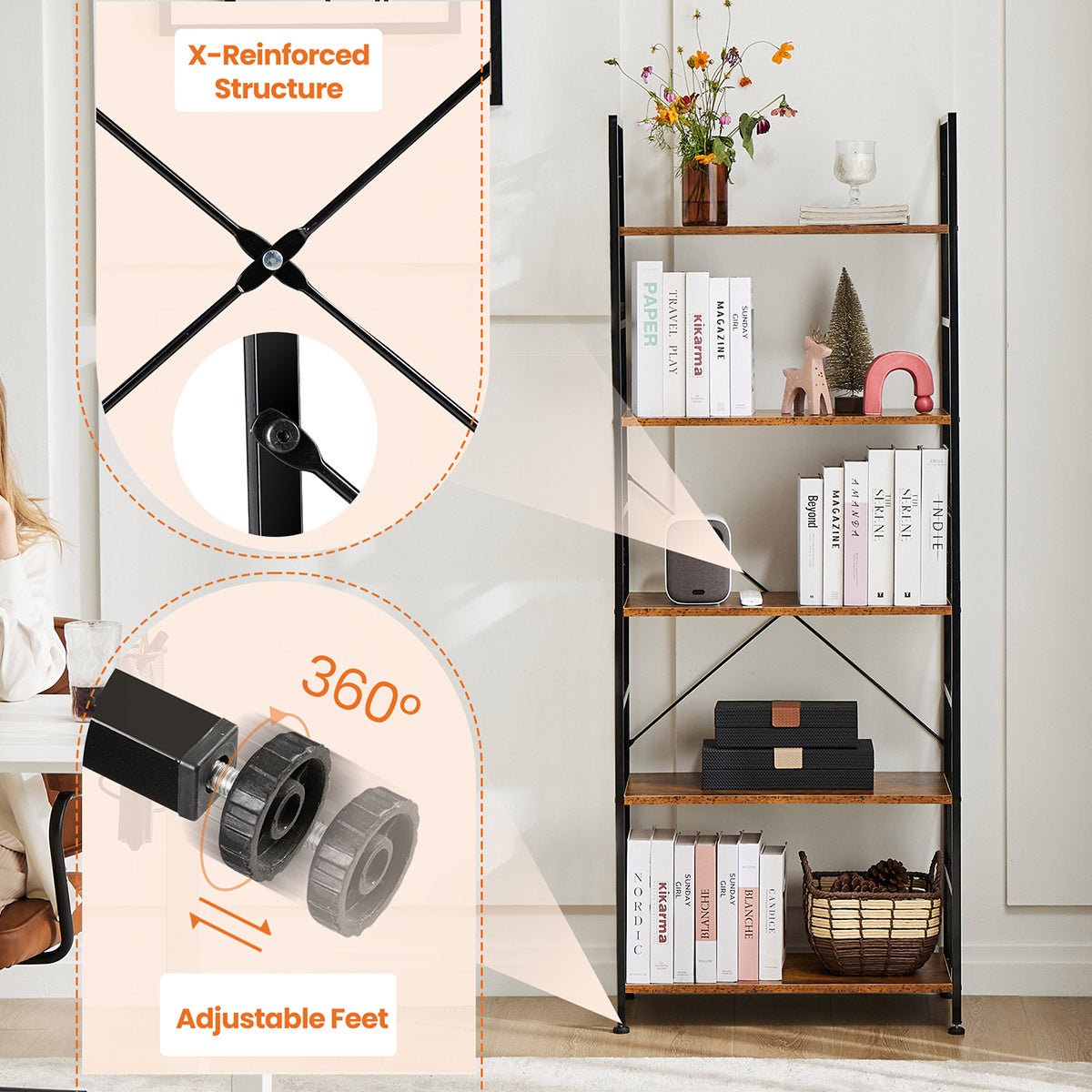 Classic 5 Tiers Bookshelf Storage Rack Shelves Storage Organizer - Flyachilles