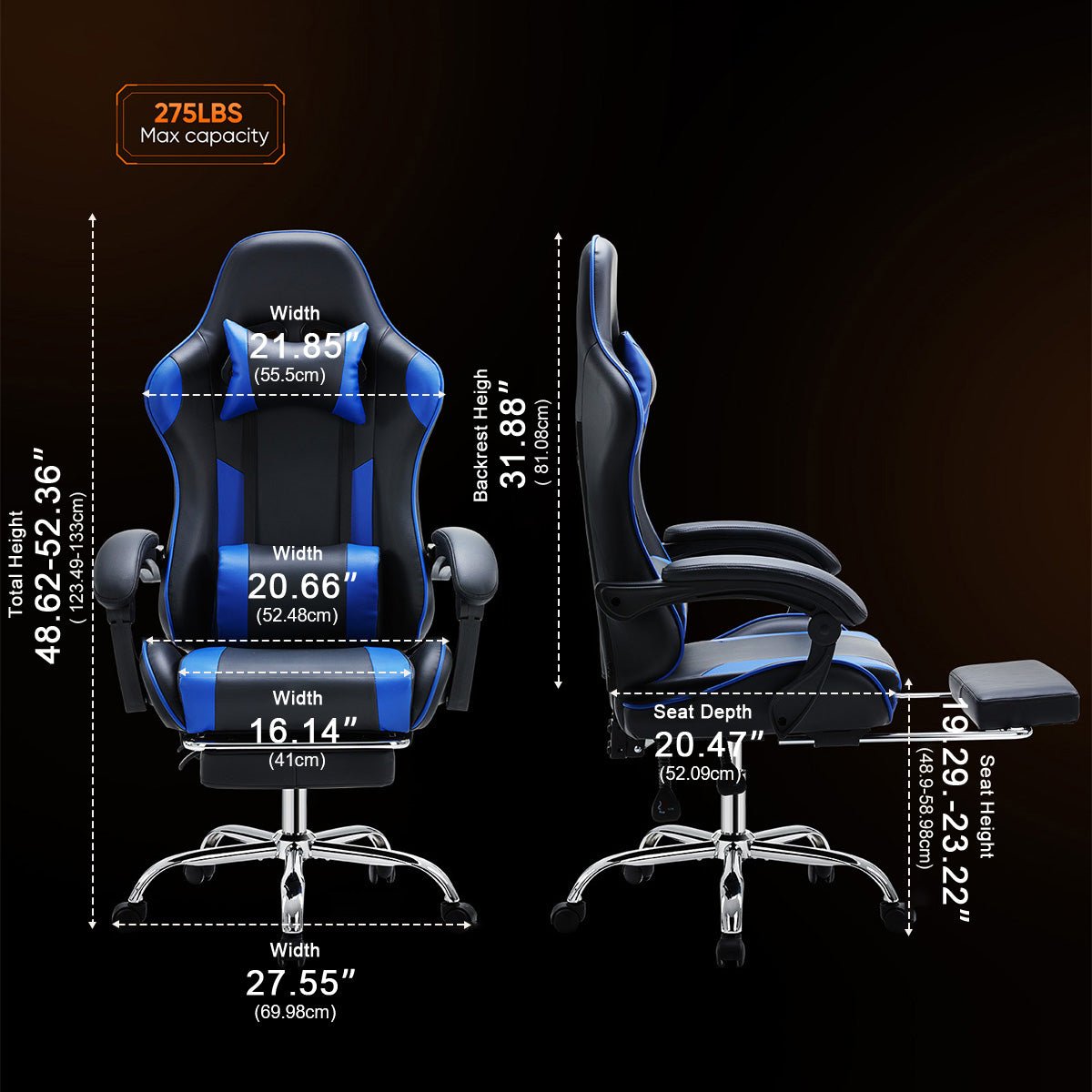 Ergonomic Computer Game Desk Chair Recliner - with Footrest &amp; Lumbar Support &amp; Headrest, Fixed Up Armrest, - Flyachilles