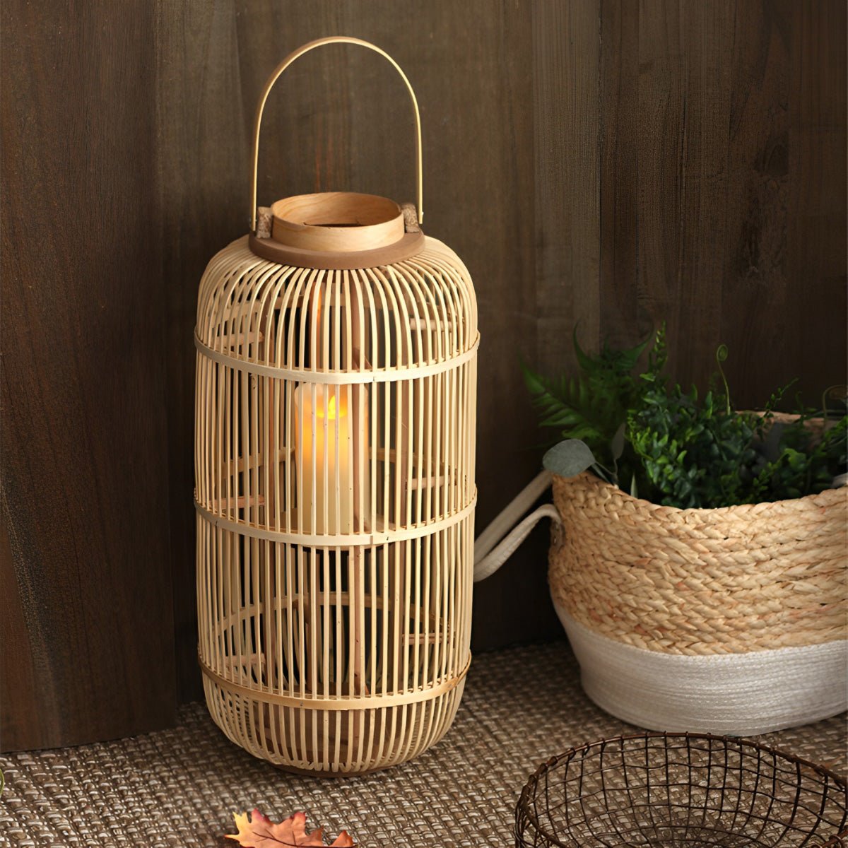 Modern Farmhouse Handmade Bamboo Weaving LED Candle Lantern Floor