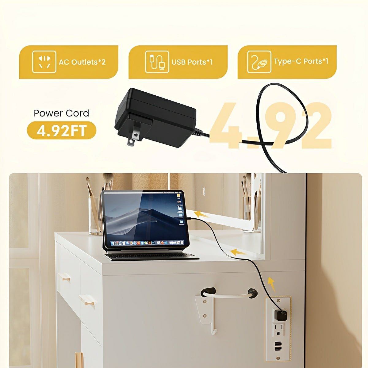 LED Makeup Vanity with Charging Station &amp; 3-Color Light - Flyachilles