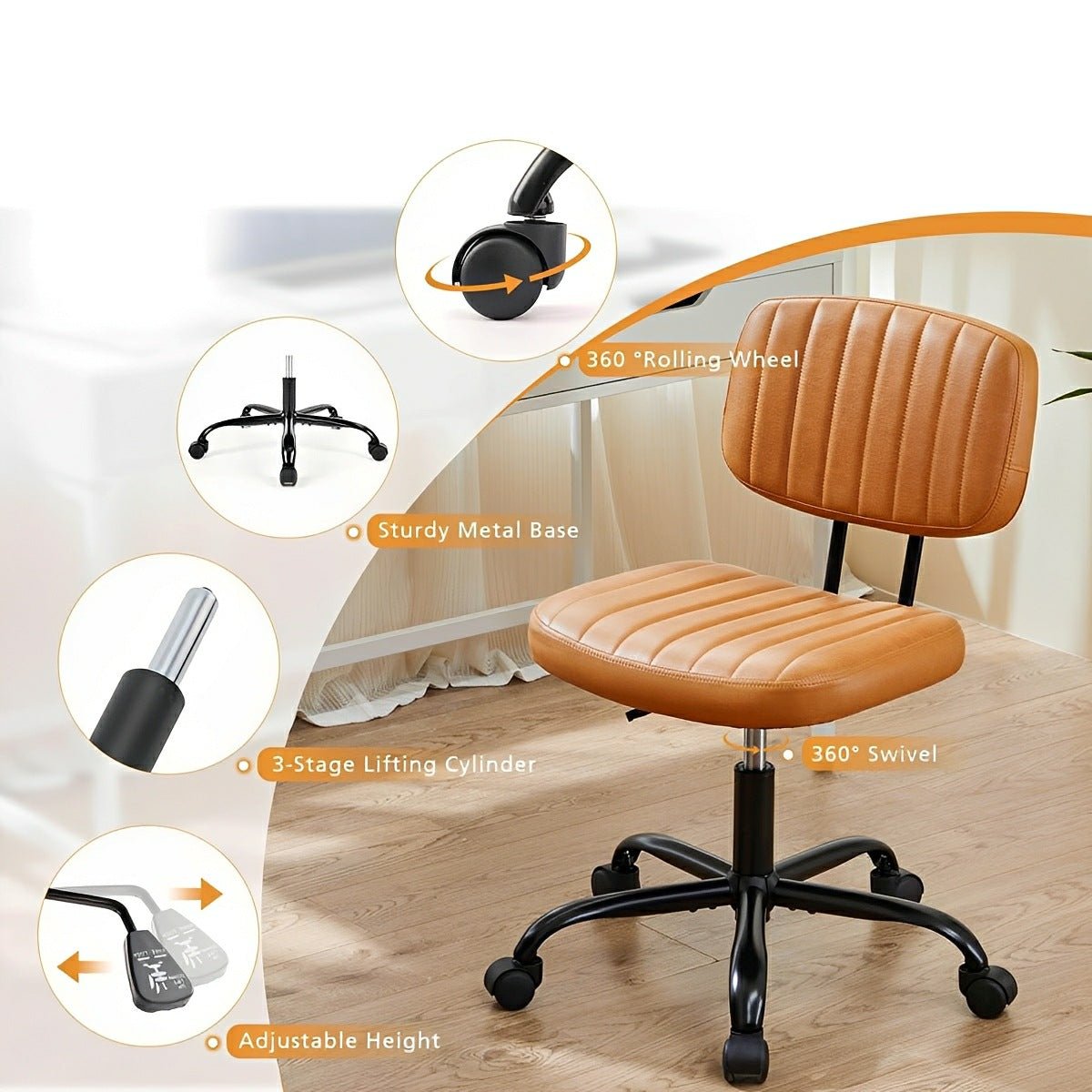 Modern Armless PU Leather Office Chair – Lumbar Support - Flyachilles