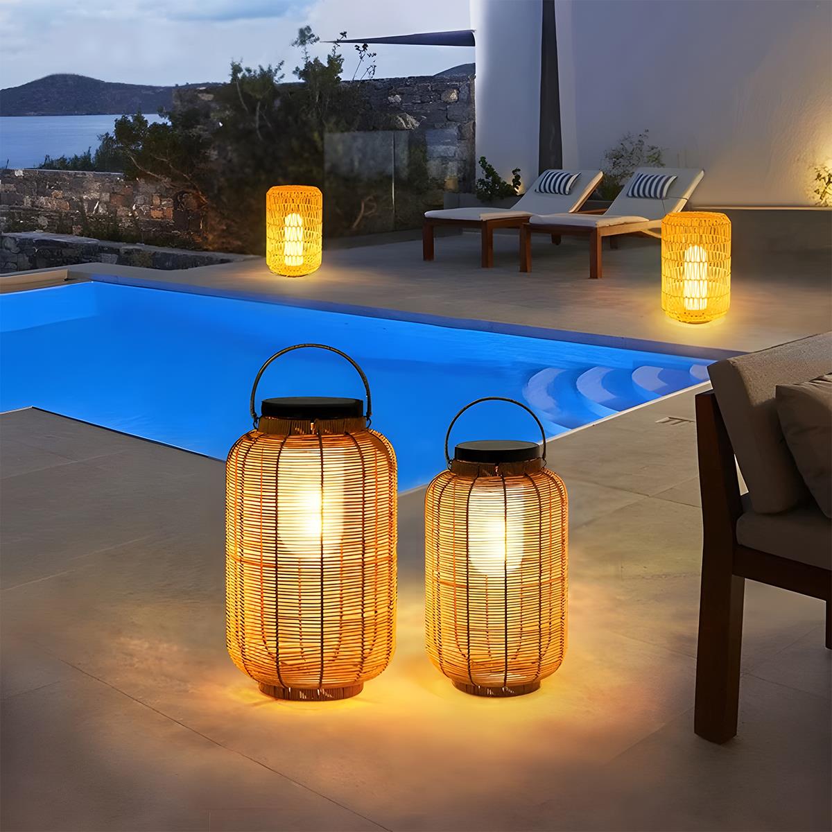 Portable Lantern Rattan LED Waterproof Solar Outdoor Lights Floor Lamp - Flyachilles