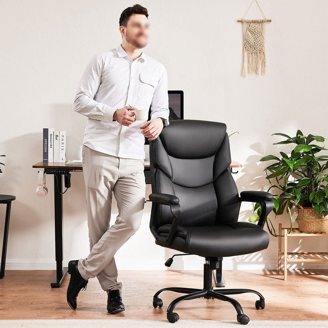 PU Leather Office Chair with Armrest,Lumbar Support, Strong Metal Base - Flyachilles