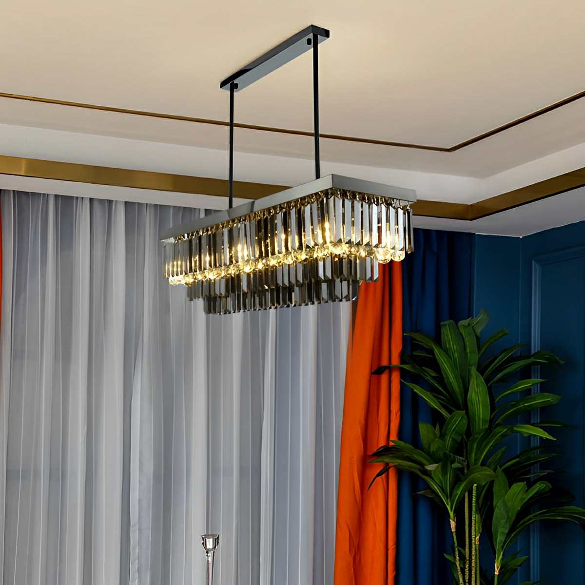 Rectangular Crystal LED 3 Color Modes Smoke Gray Modern Chandelier - Flyachilles