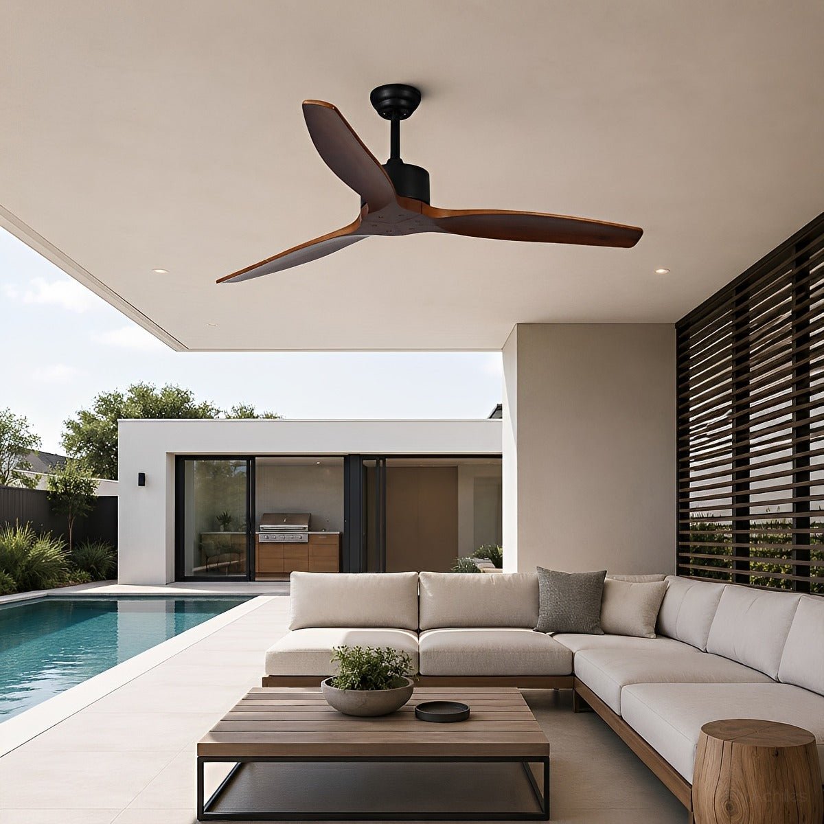 Sculptural Waterproof Modern Wood Reverse Outdoor Ceiling Fan - Flyachilles
