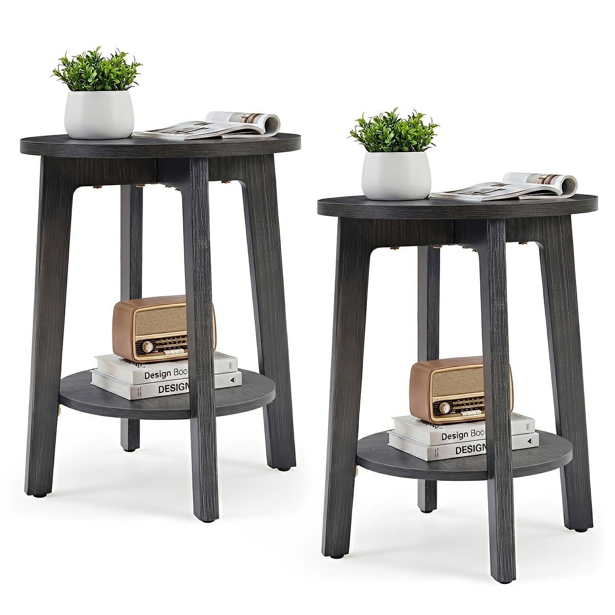 Small Round Wooden Side Table – Double Layer Shelves - Flyachilles
