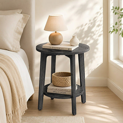 Small Round Wooden Side Table – Double Layer Shelves - Flyachilles
