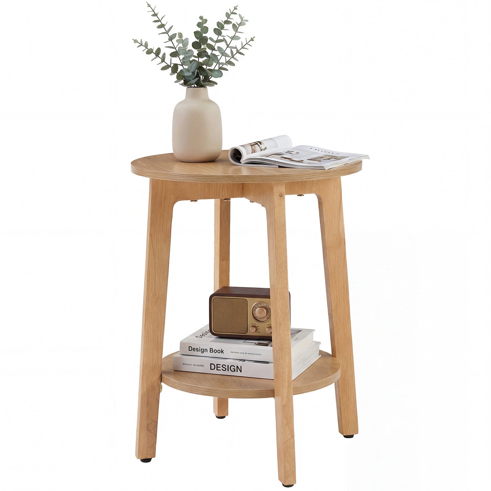 Small Round Wooden Side Table – Double Layer Shelves - Flyachilles