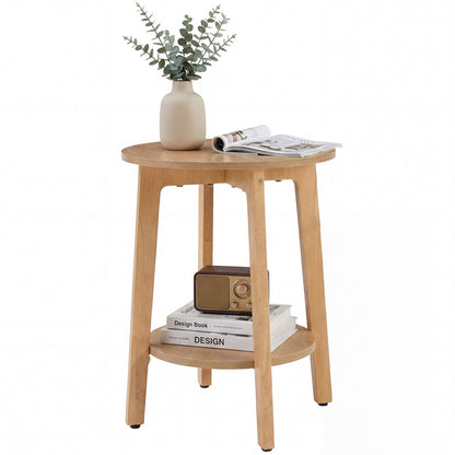 Small Round Wooden Side Table – Double Layer Shelves - Flyachilles