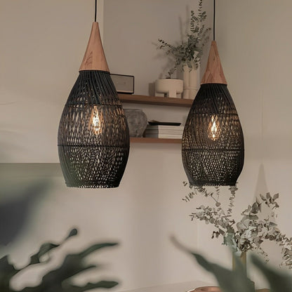 Teardrop - shaped Handmade Rattan Pendant Light – Boho Woven Hanging Lamp - Flyachilles