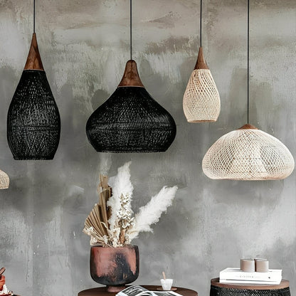 Teardrop - shaped Handmade Rattan Pendant Light – Boho Woven Hanging Lamp - Flyachilles