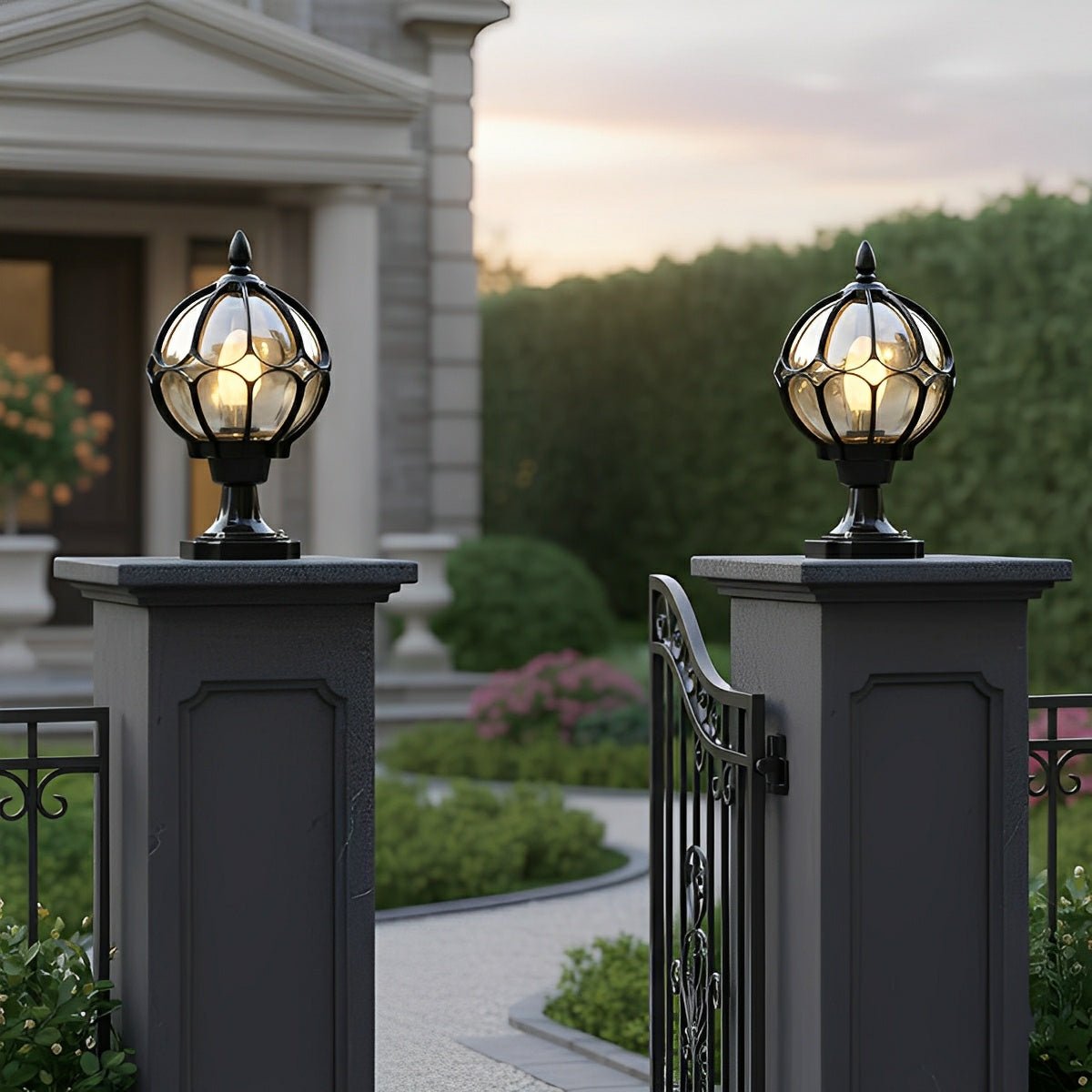 Vintage Glass Aluminum Round Ball Waterproof LED Outdoor Fence Post Light - Flyachilles