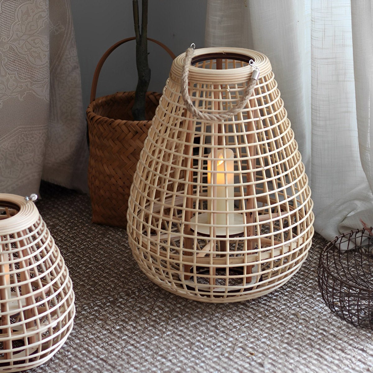 Vintage Handmade Rattan LED Candle Lantern Floor Lamp - Flyachilles