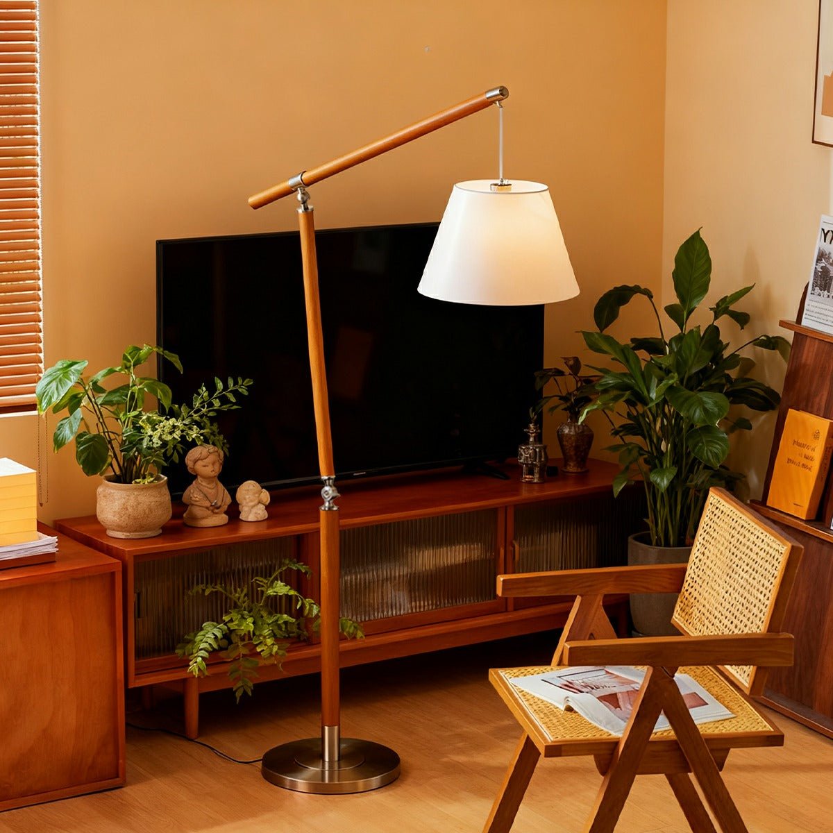 Vintage Wood Adjustable Swing Arm Floor Lamp - Flyachilles